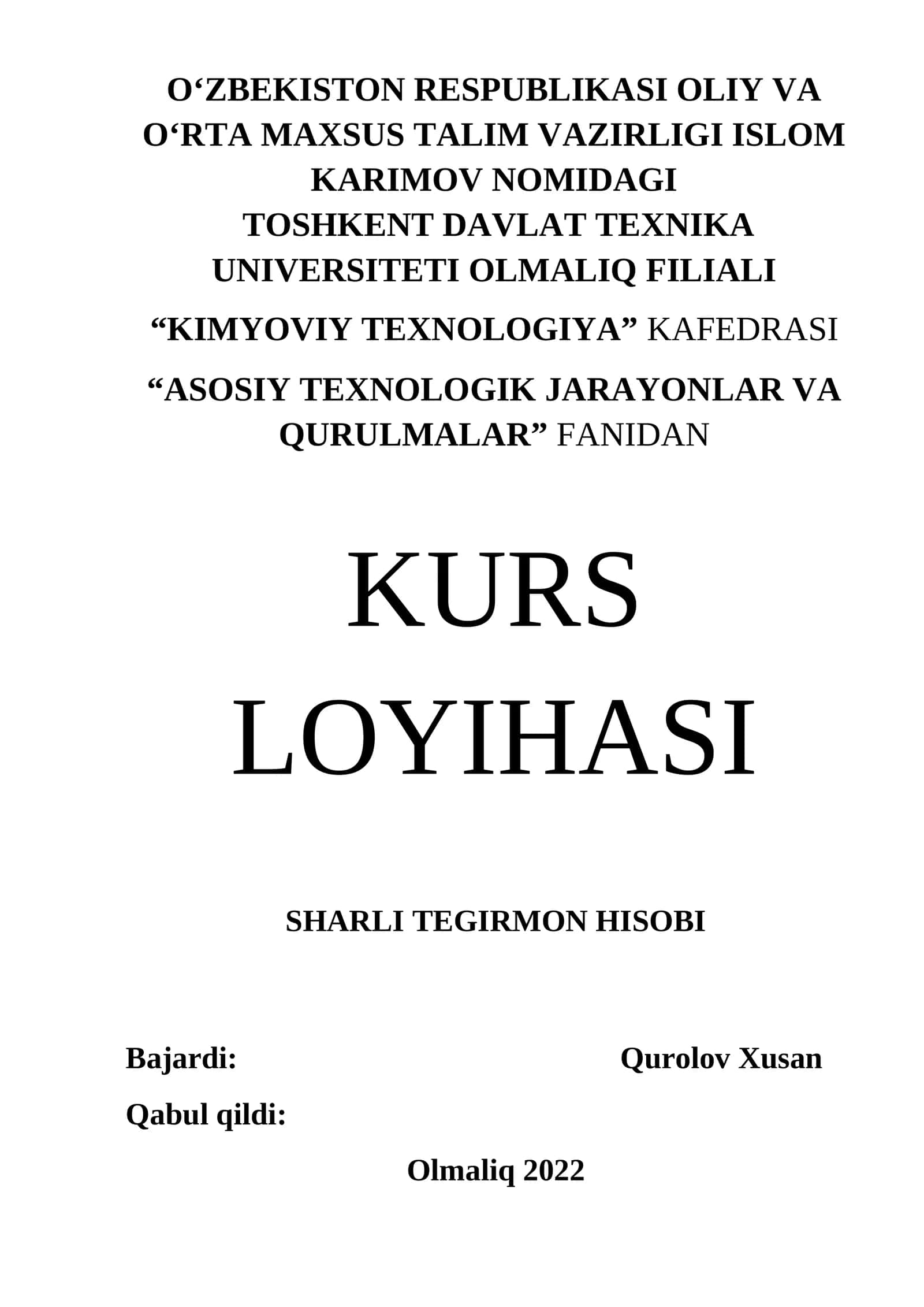 Sharli tegirmon hisobi 1