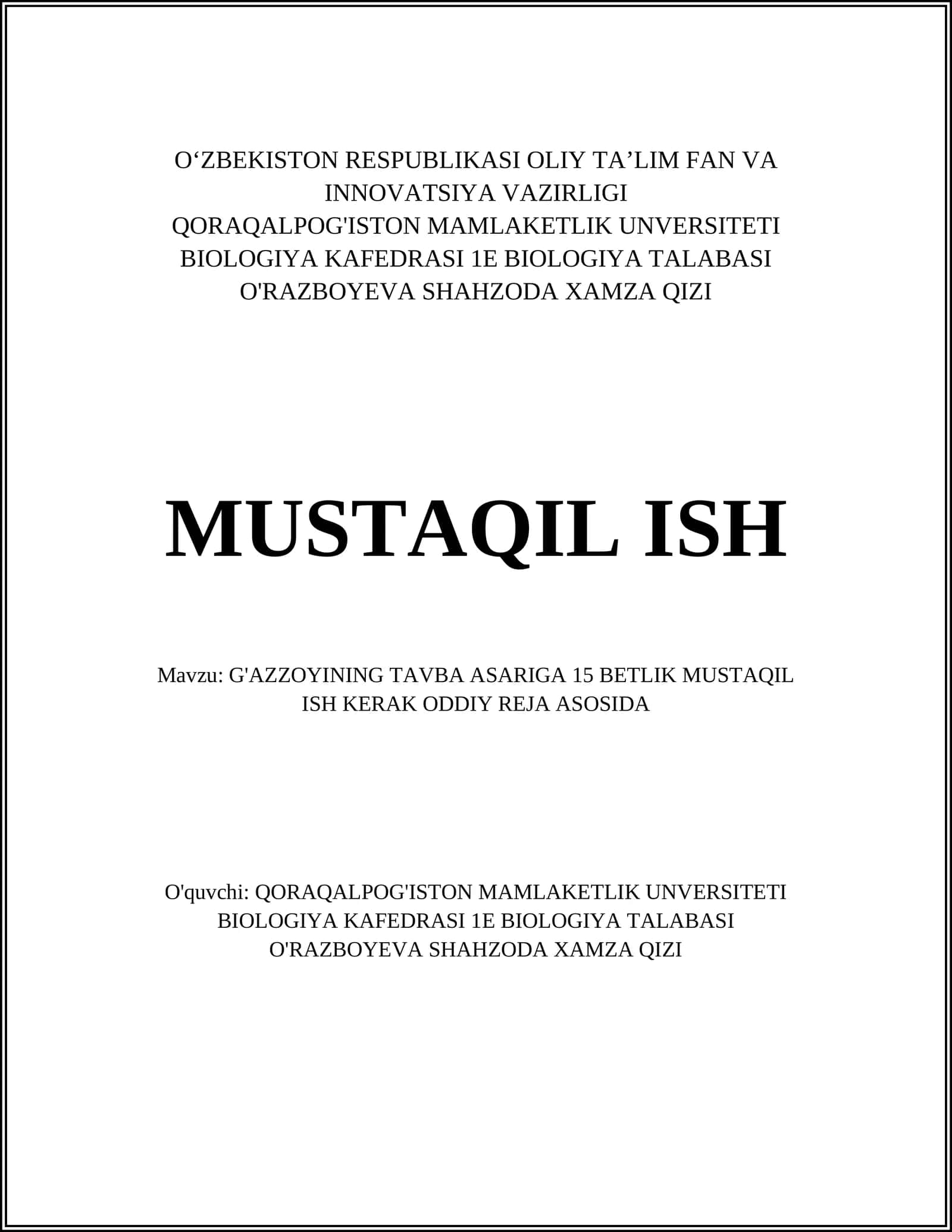 G'AZZOYINING TAVBA ASARIGA 15 BETLIK MUSTAQIL ISH KERAK ODDIY REJA ASOSIDA 1
