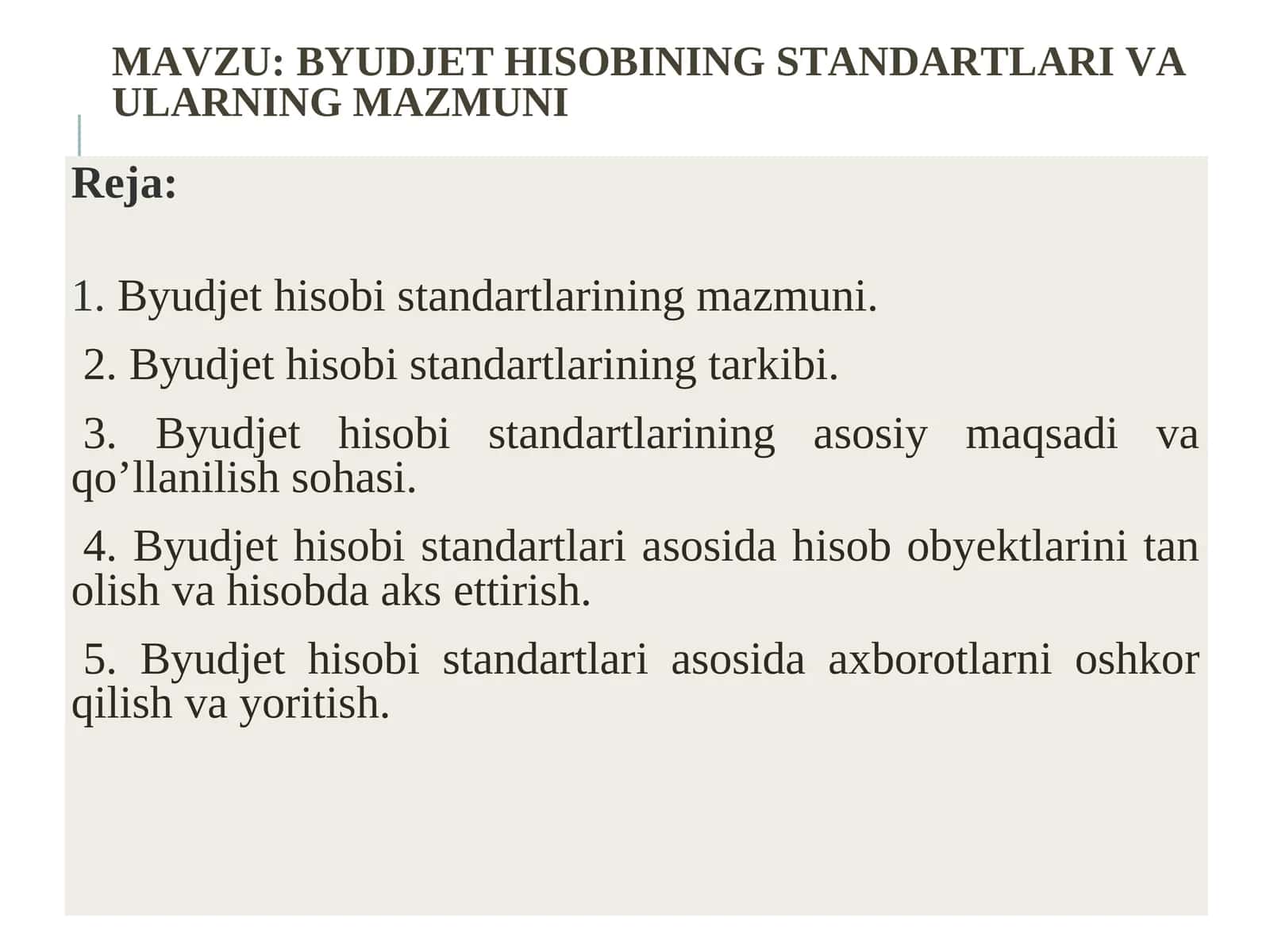 BYUDJET HISOBINING STANDARTLARI VA ULARNING MAZMUNI 1