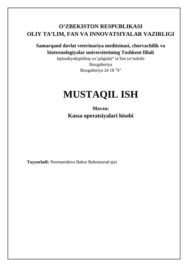 Kassa operatsiyalari hisobi 1
