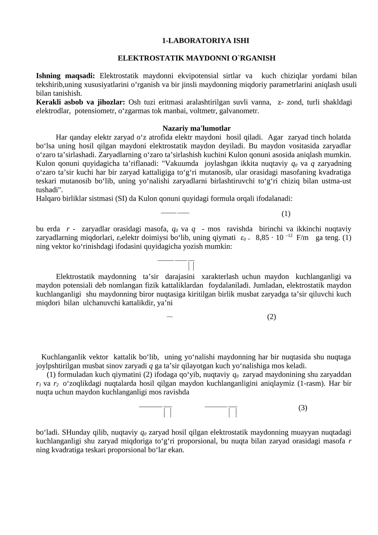 ELEKTROSTATIK MAYDONNI O`RGANISH 1