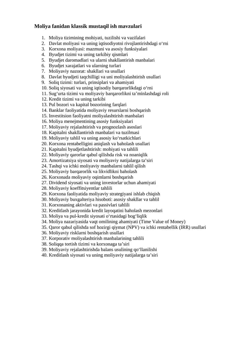 Moliya fanidan klassik mustaqil ish mavzulari 1