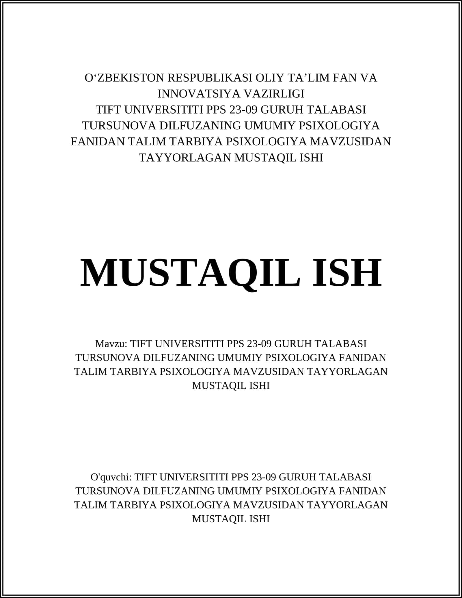 UMUMIY PSIXOLOGIYA FANIDAN TALIM TARBIYA PSIXOLOGIYA 1