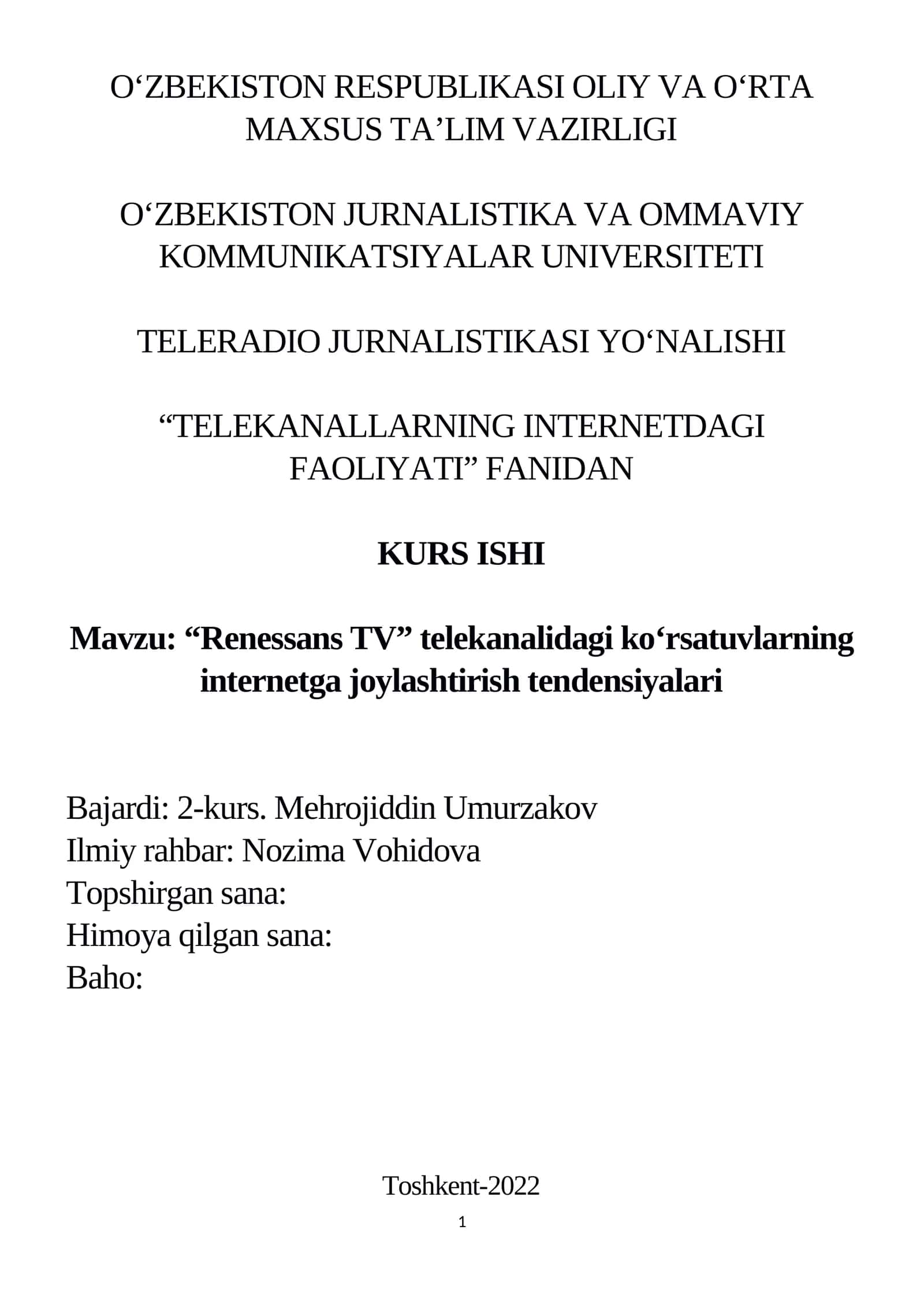 “RENESSANS TV” telekanalidagi ko‘rsatuvlarning internetga joylashtirish tendensiyalari 1