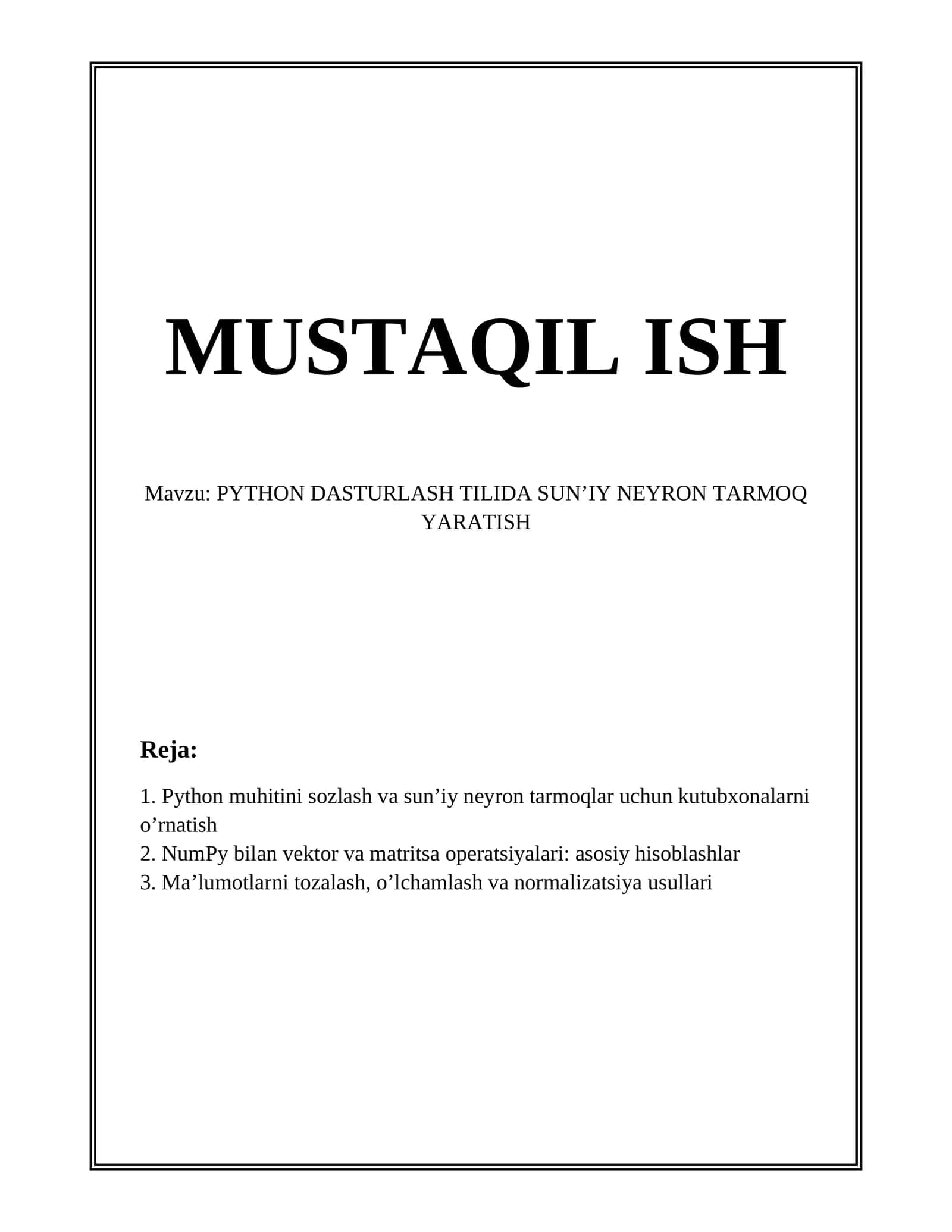 PYTHON DASTURLASH TILIDA SUN’IY NEYRON TARMOQ YARATISH 1