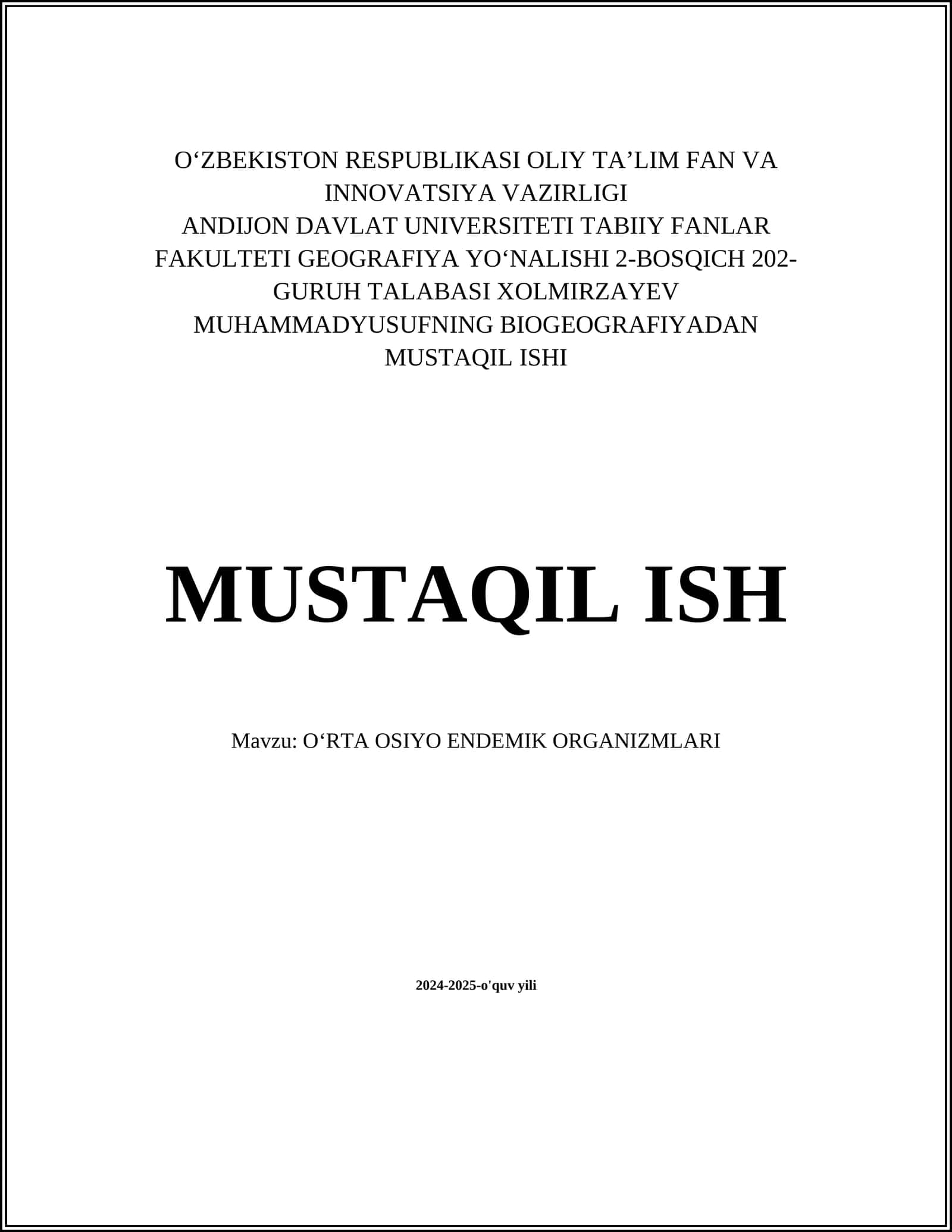 OʻRTA OSIYO ENDEMIK ORGANIZMLARI 1