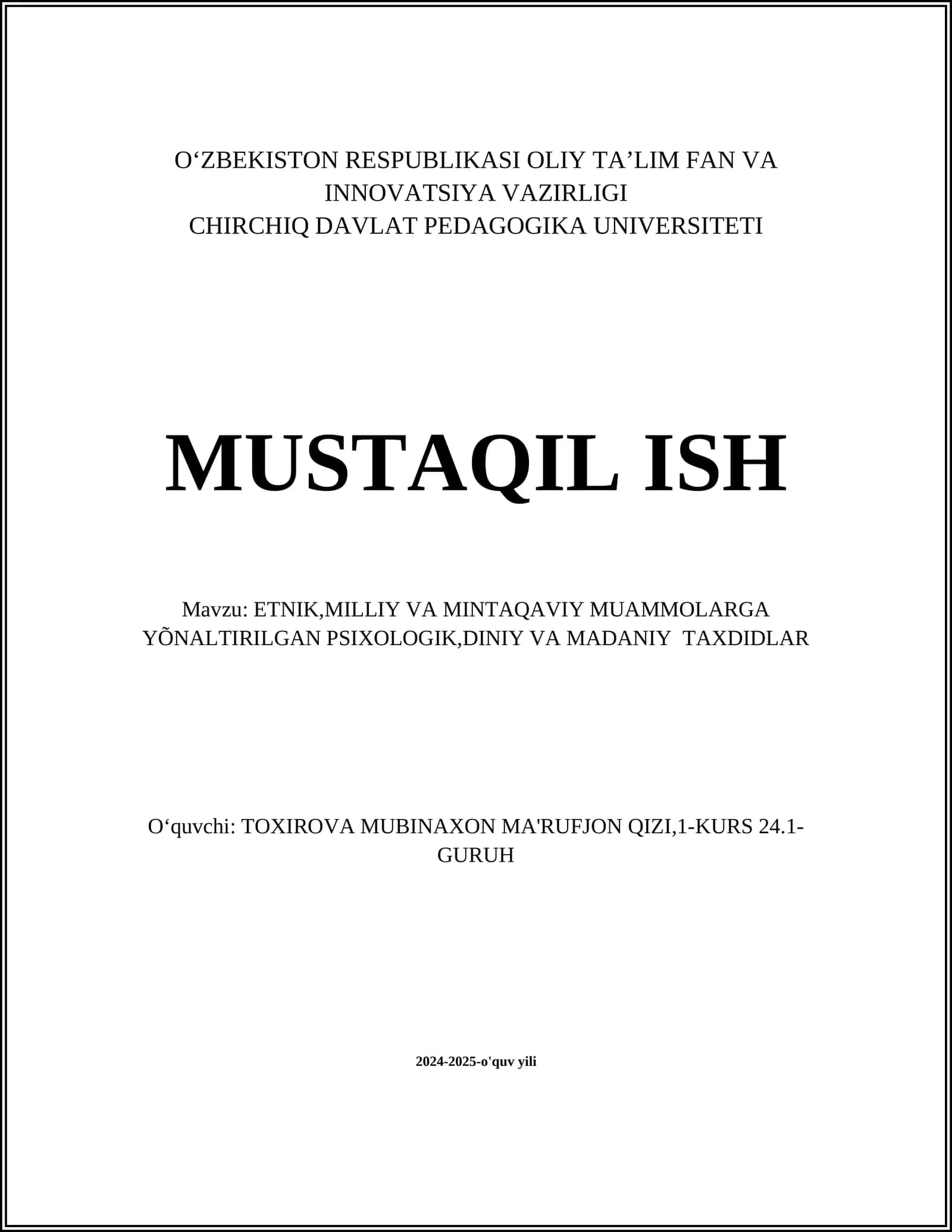 CHIRCHIQ DAVLAT PEDAGOGIKA UNIVERSITETI MUSTAQIL ISH 1