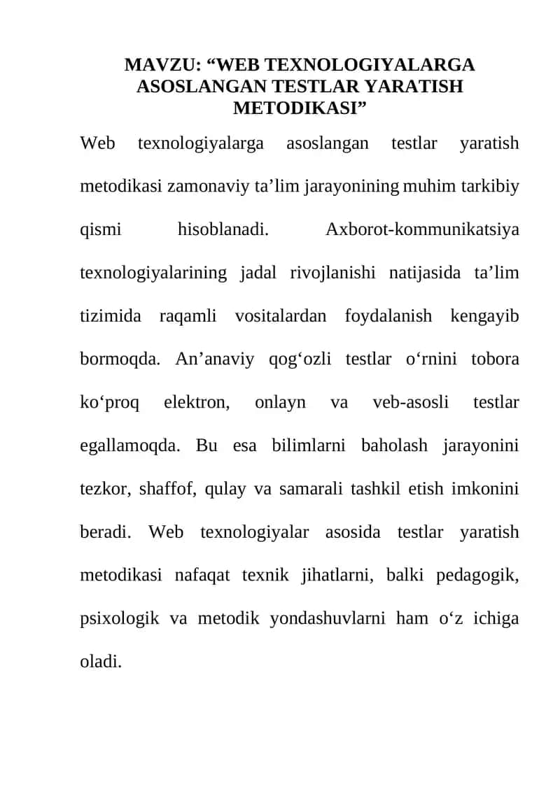 WEB TEXNOLOGIYALARGA ASOSLANGAN TESTLAR YARATISH METODIKASI 1