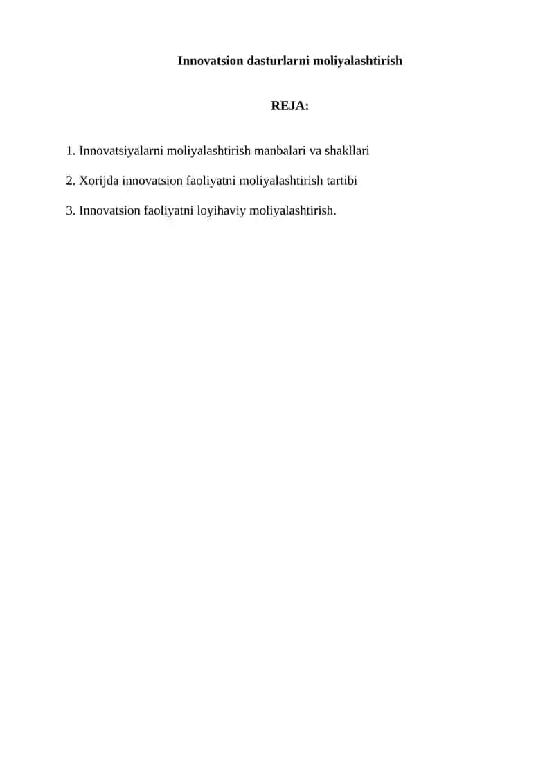 Innovatsion dasturlarni moliyalashtirish
