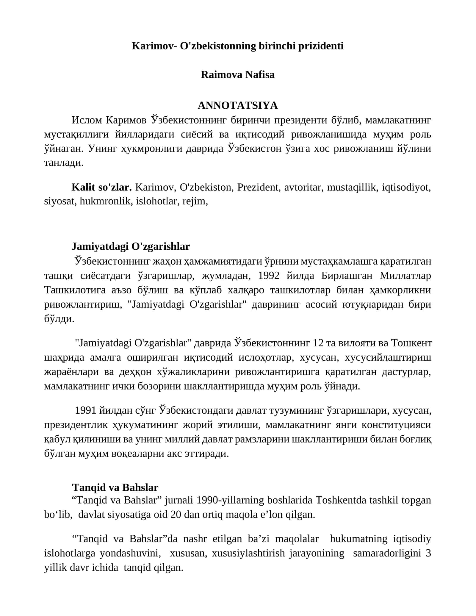 Ислом Каримов Ўзбекистоннинг биринчи президенти 1