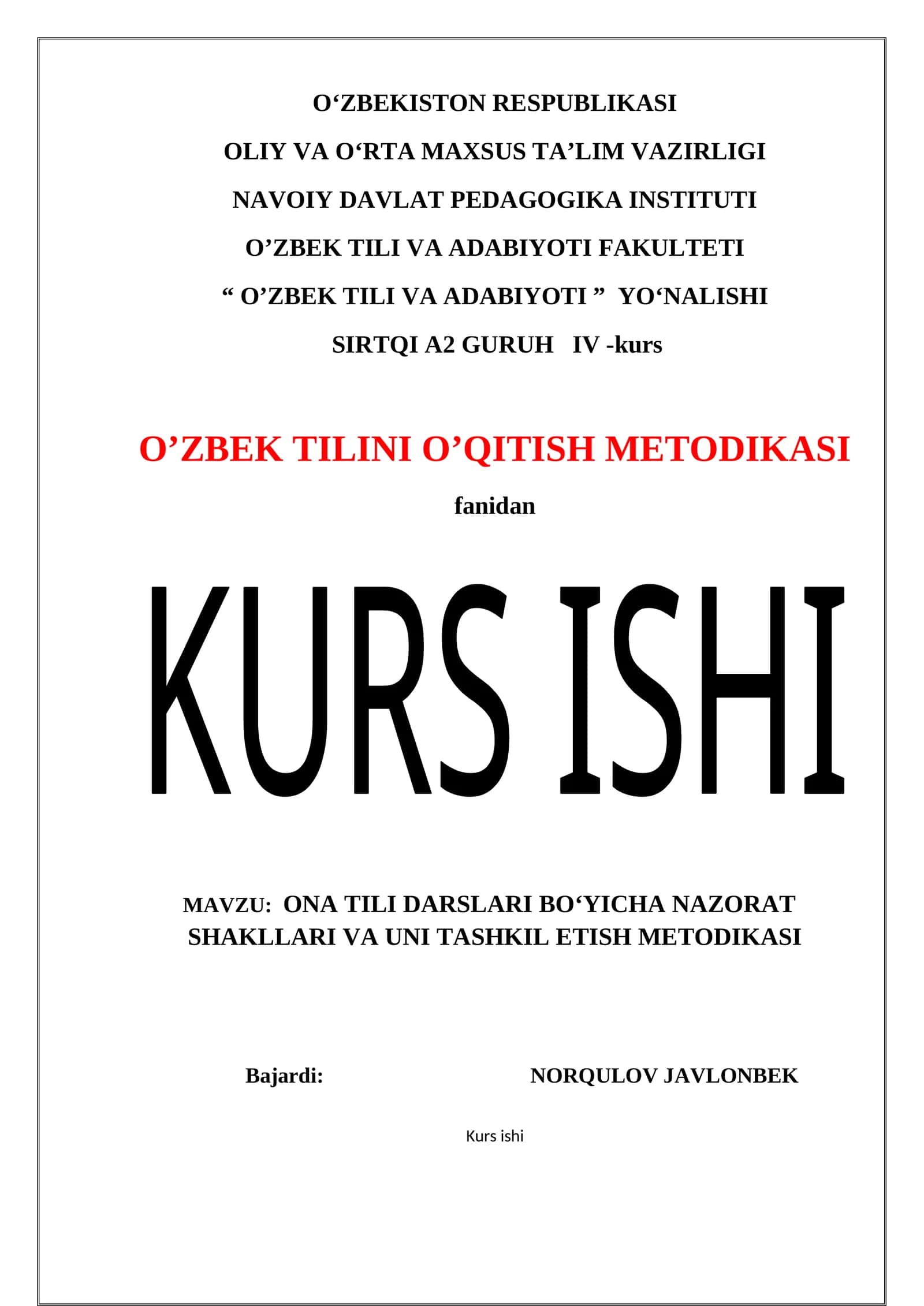 ONA TILI DARSLARI BO'YICHA NAZORAT SHAKLLARI VA UNI TASHKIL ETISH METODIKASI 1