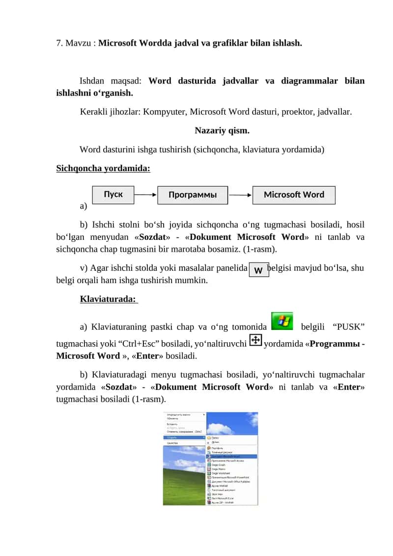 Microsoft Wordda jadval va grafiklar bilan ishlash 1