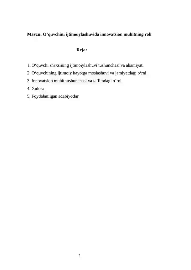 Oʻquvchining ijtimoiylashuvida innovatsion muhitning roli