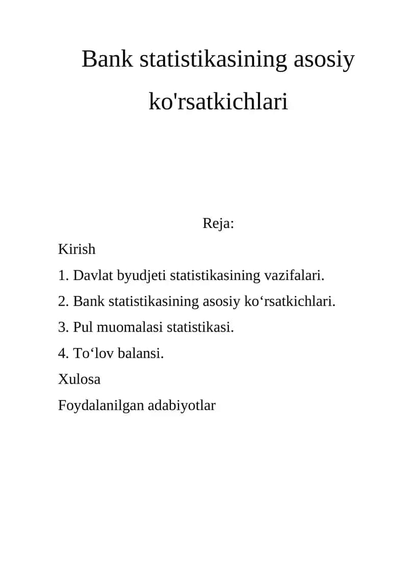 Bank statistikasining asosiy ko'rsatkichlari 1