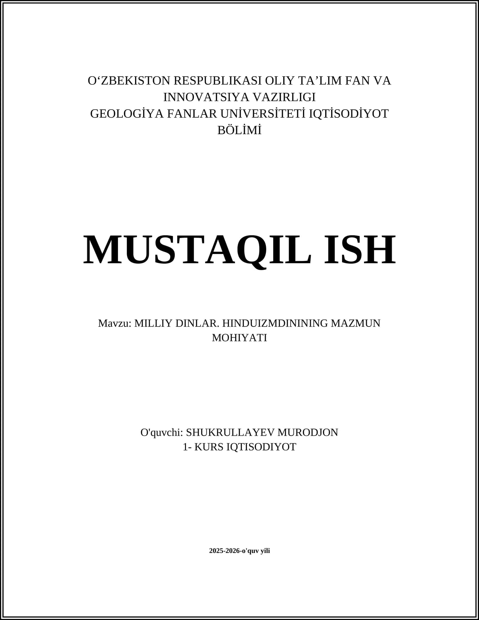 MILLIY DINLAR. HINDUIZMDINING MAZMUN MOHIYATI 1