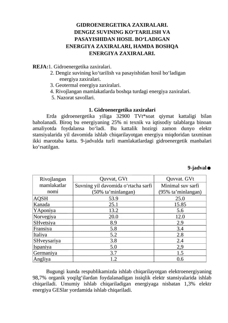 GIDROENERGETIKA ZAXIRALARI 1