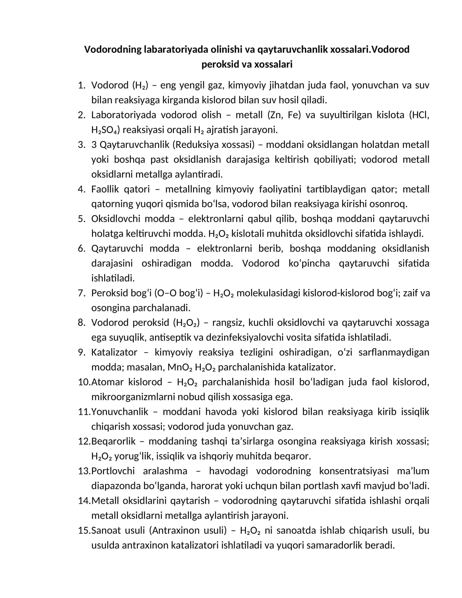 Vodorodning labaratoriyada olinishi va qaytaruvchanlik xossalari 1