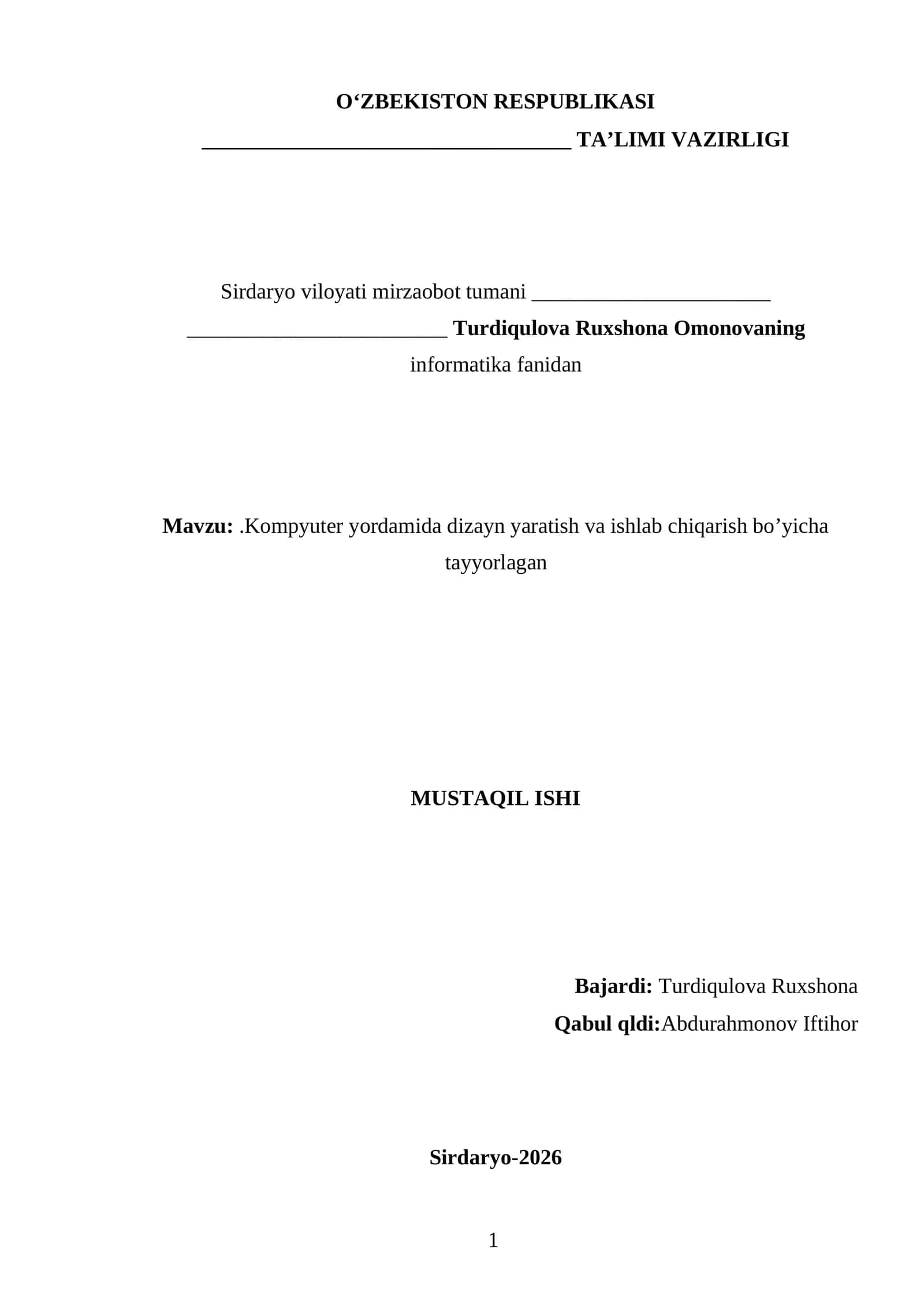Kompyuter yordamida dizayn yaratish va ishlab chiqarish 1