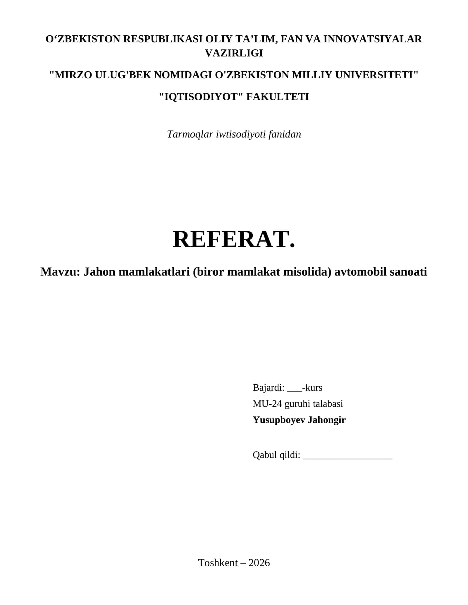Jahon mamlakatlari (biror mamlakat misolida) avtomobil sanoati 1