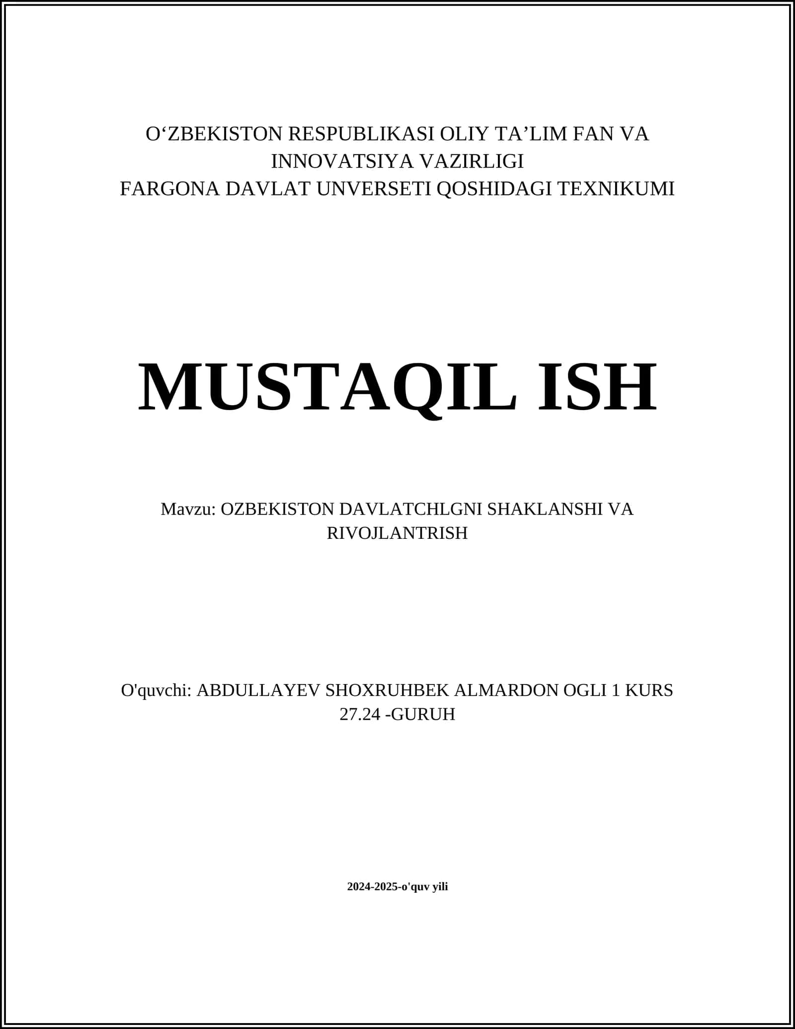 OZBEKISTON DAVLATCHLGNI SHAKLANSHI VA RIVOJLANTRISH 1