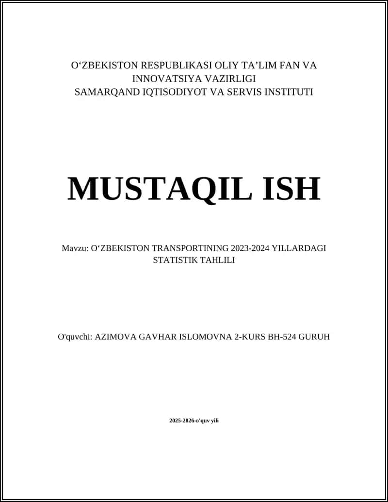 O'ZBEKISTON TRANSPORTINING 2023-2024 YILLARDAGI STATISTIK TAHLILI 1