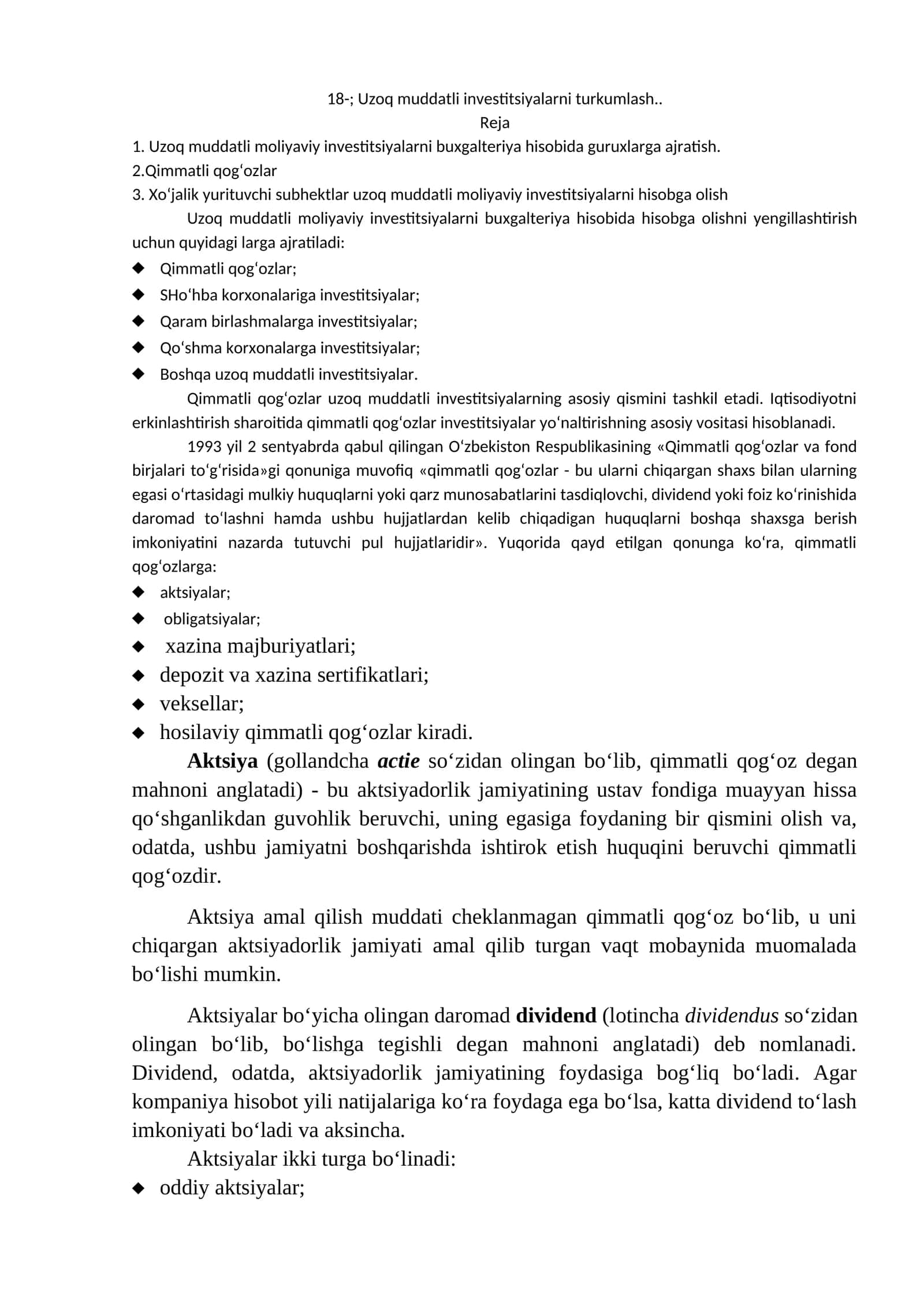 Uzoq muddatli investitsiyalarni turkumlash 1