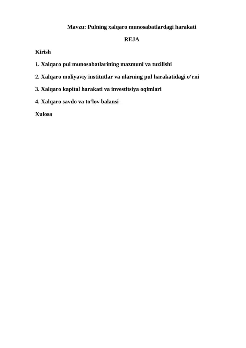 Pulning xalqaro munosabatlardagi harakati 1
