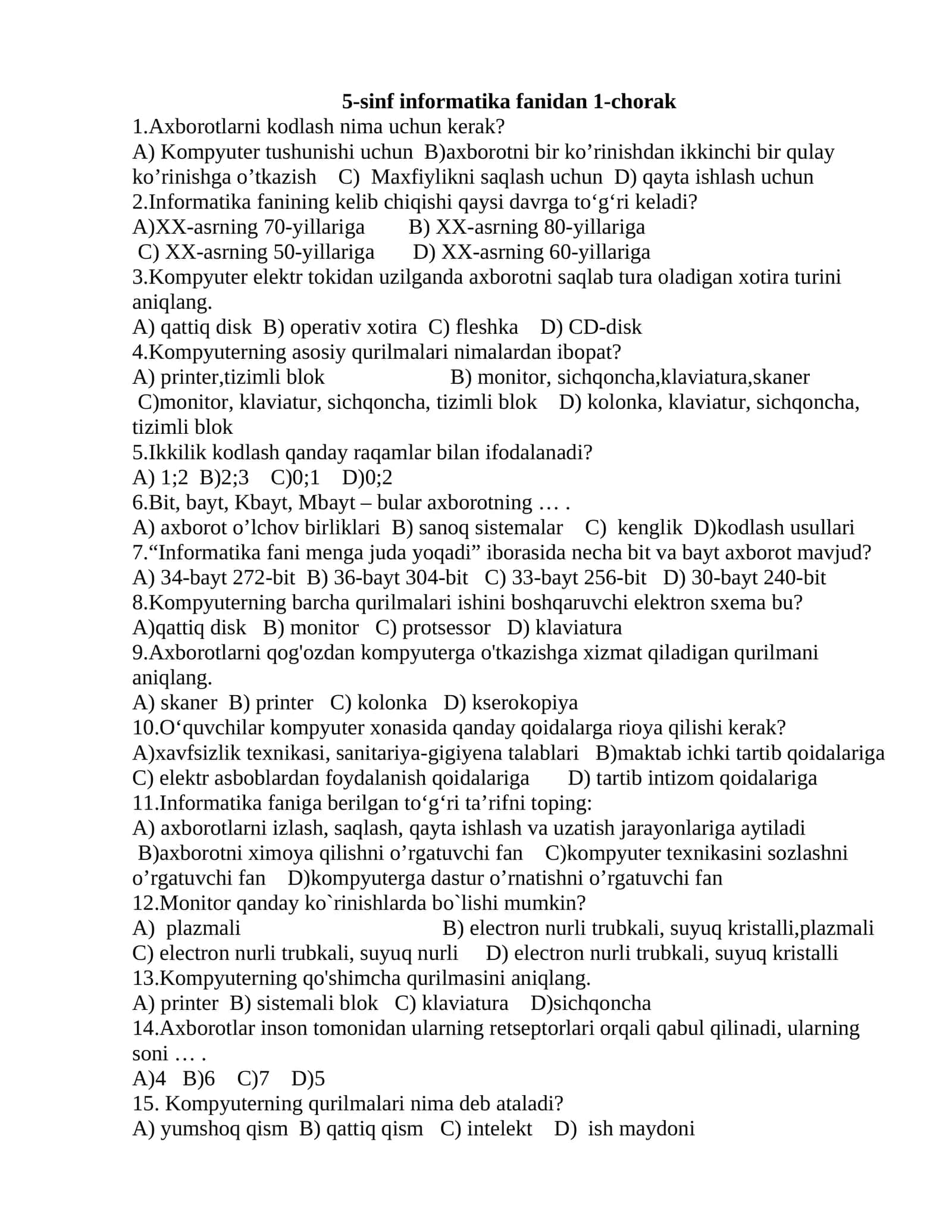 5-sinf informatika fanidan 1-chorak 1