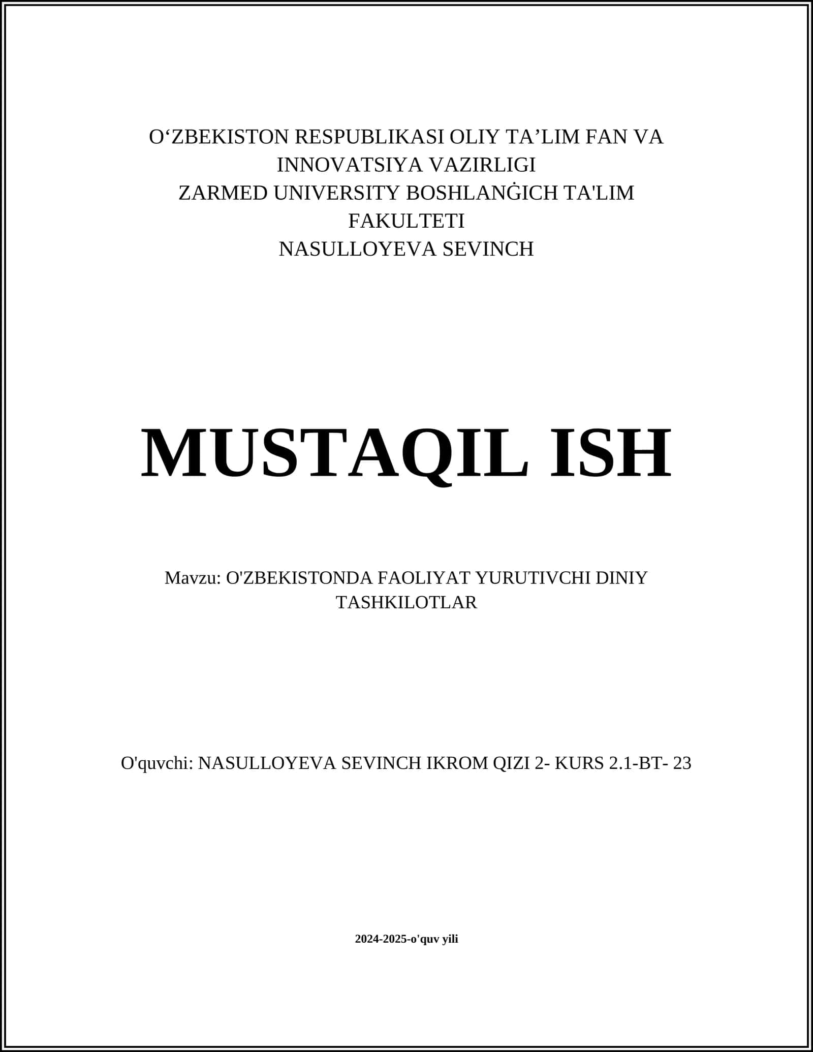 O'ZBEKISTONDA FAOLIYAT YURUTIVCHI DINIY TASHKILOTLAR 1