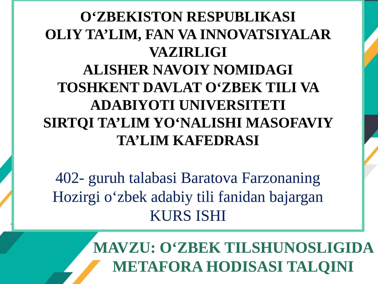O‘ZBEK TILSHUNOSLIGIDA METAFORA HODISASI TALQINI 1