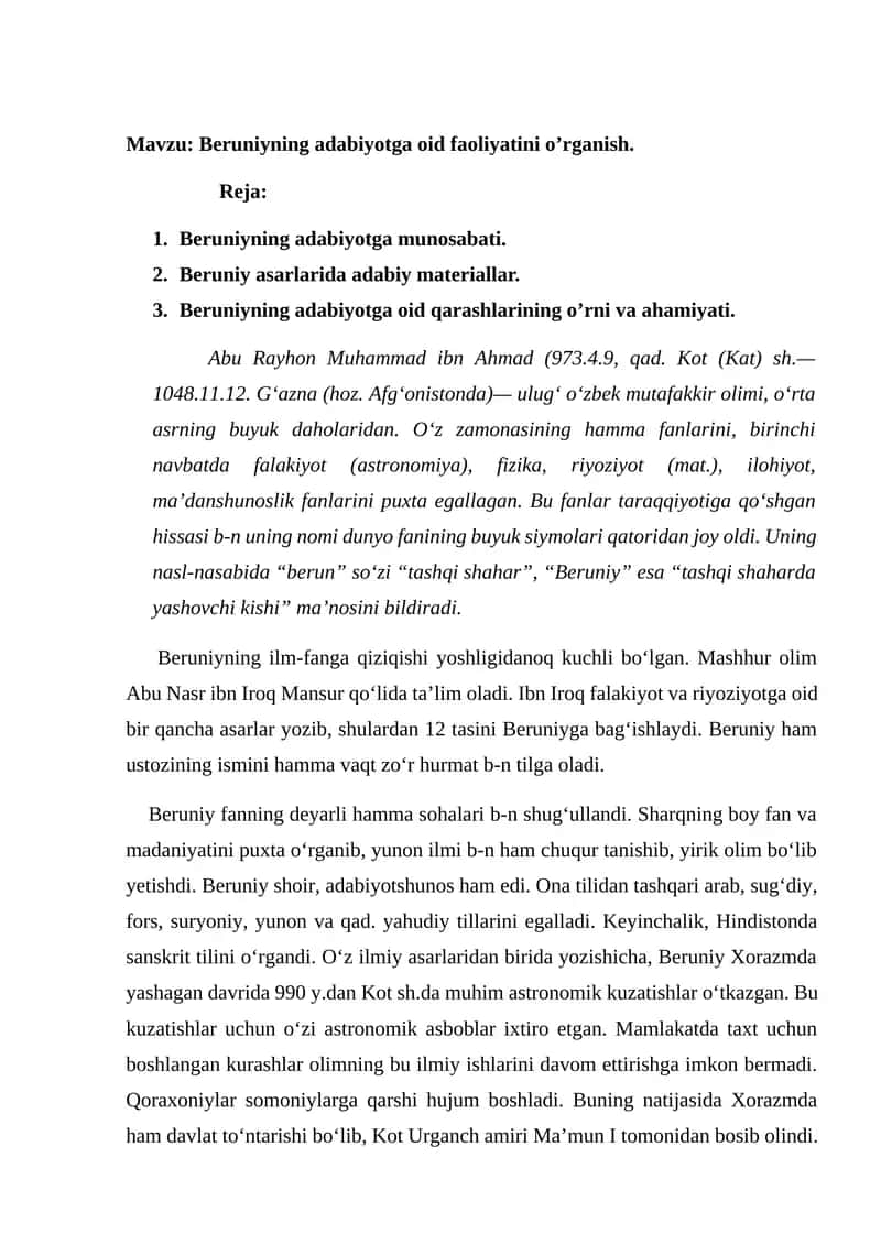 Beruniyning adabiyotga oid faoliyatini o’rganish 1