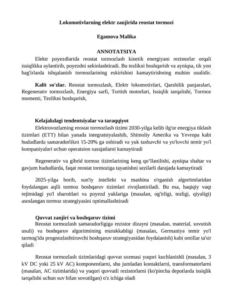 Elektr lokomotivlarning reostat tormozlash tizimi