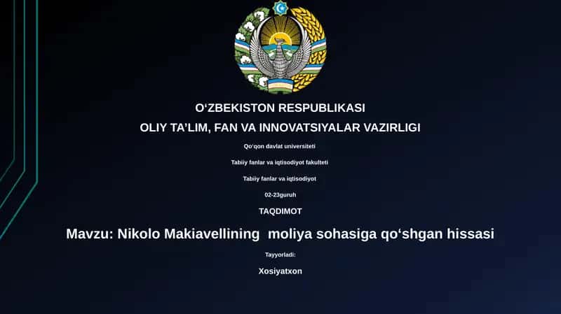 Nikolo Makiavellining moliya sohasiga qoʻshgan hissasi 1