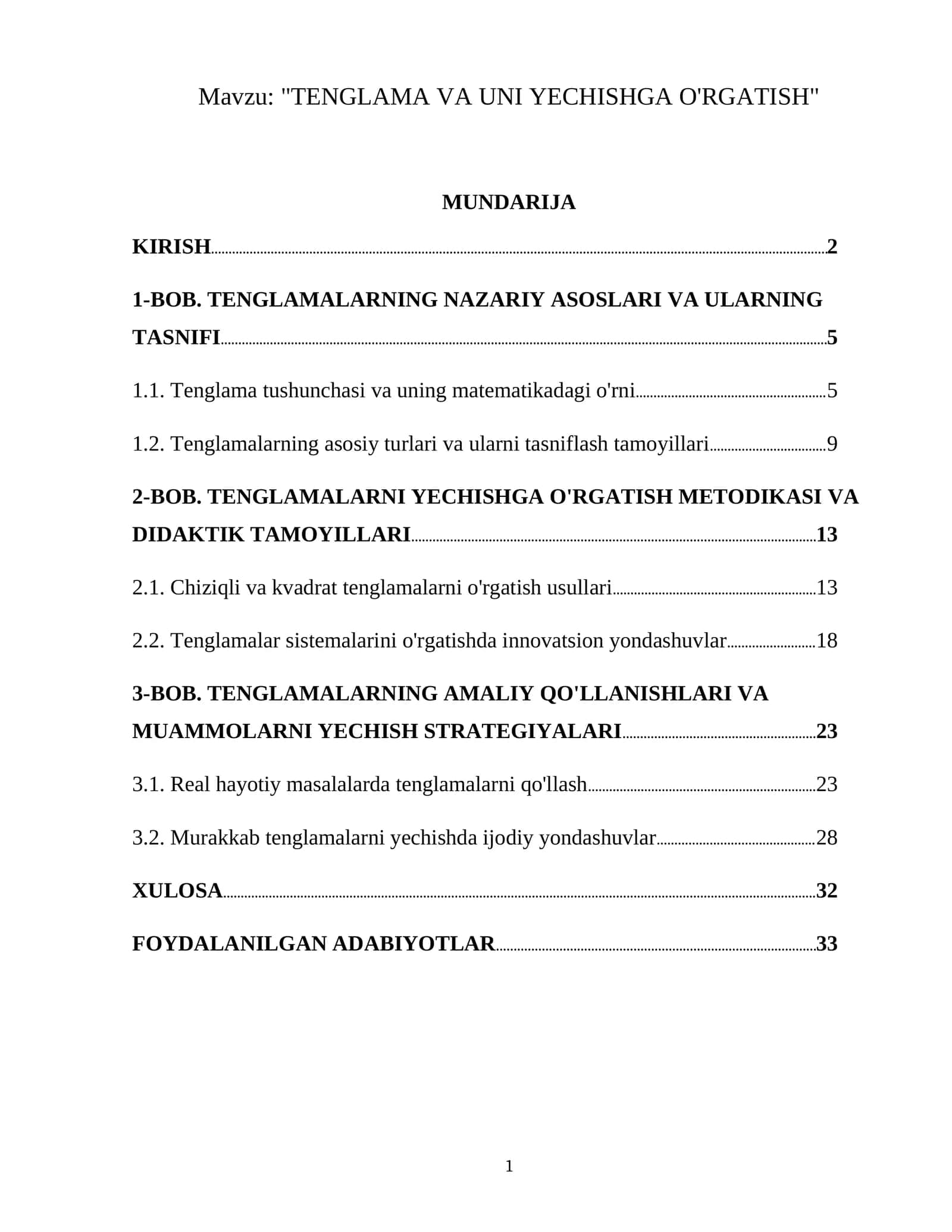 TENGLAMA VA UNI YECHISHGA O'RGATISH 1