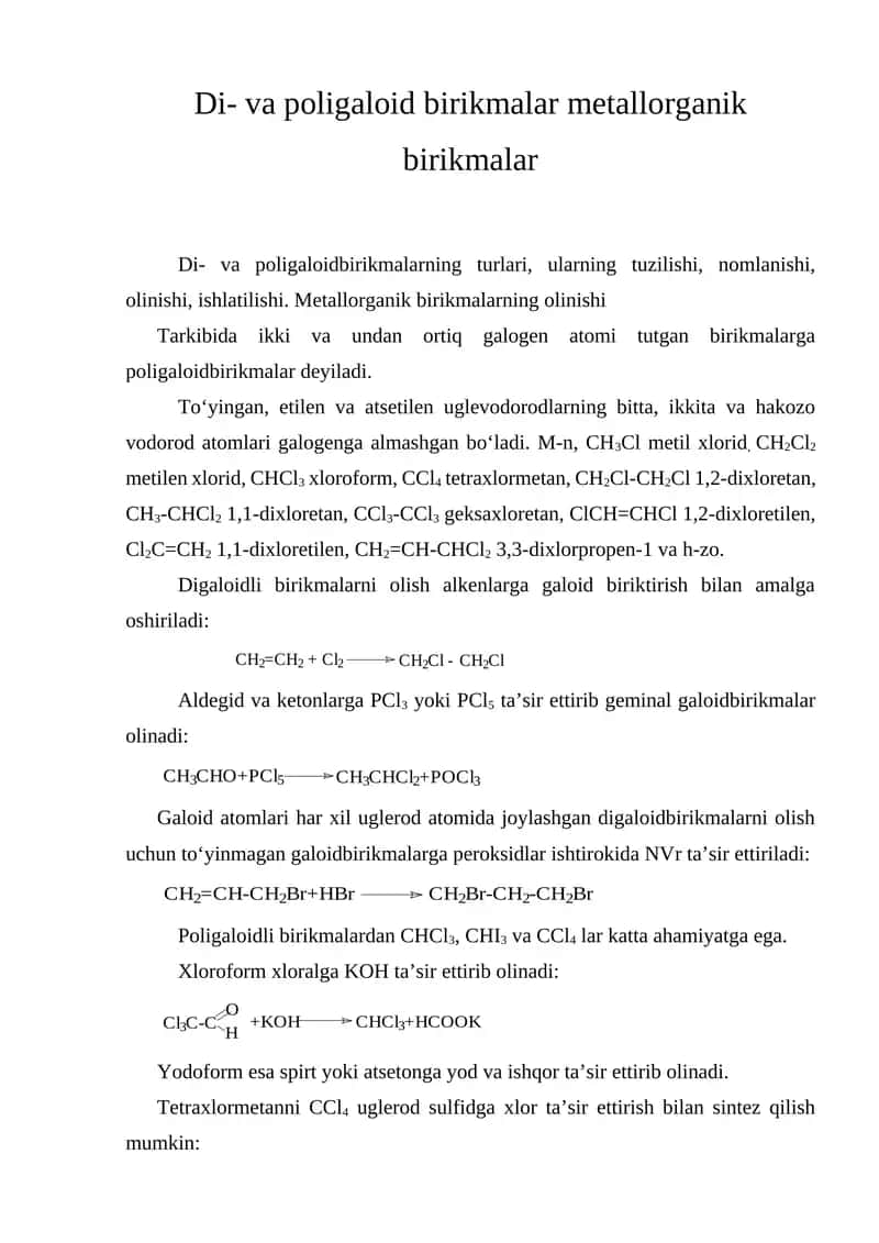 Di- va poligaloid birikmalar metallorganik birikmalar 1