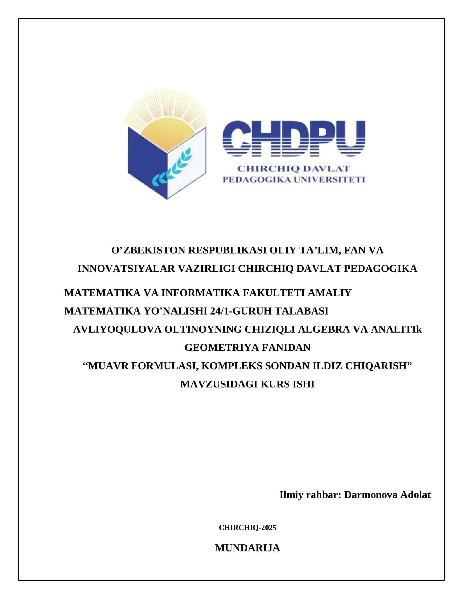 “MUAVR FORMULASI, KOMPLEKS SONDAN ILDIZ CHIQARISH” 1