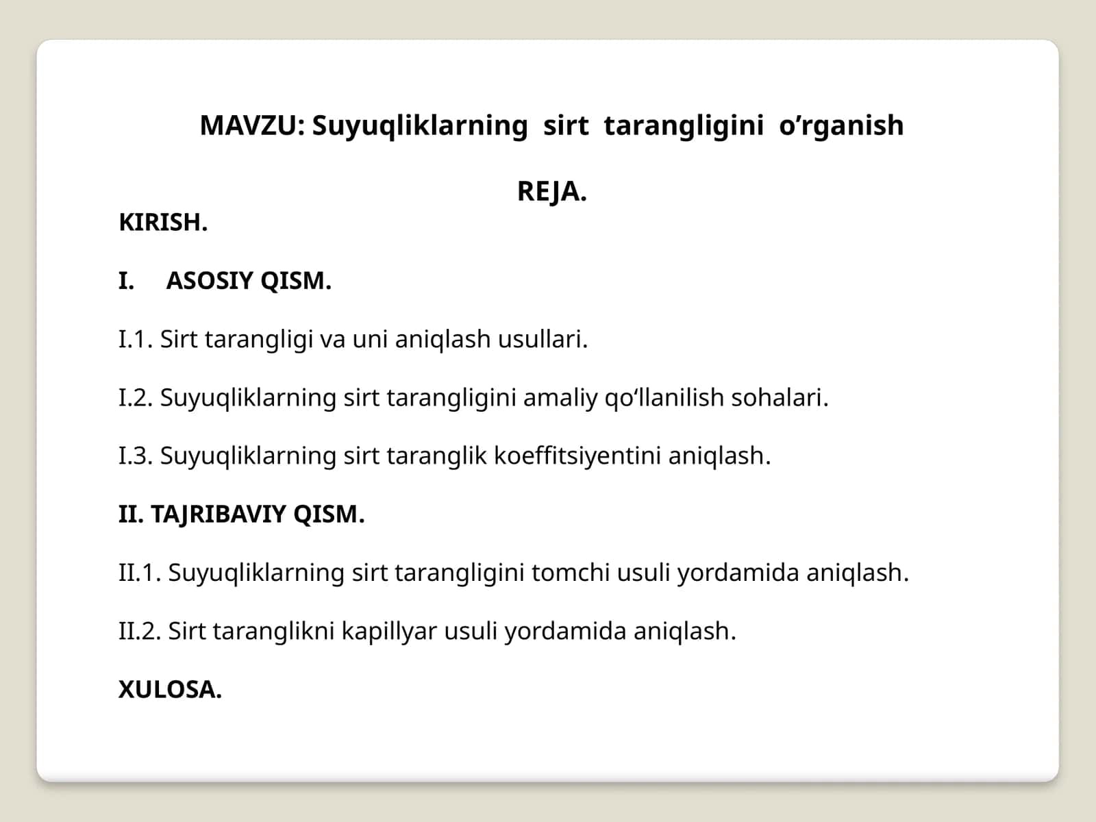Suyuqliklarning sirttarangligini o’rganish 1