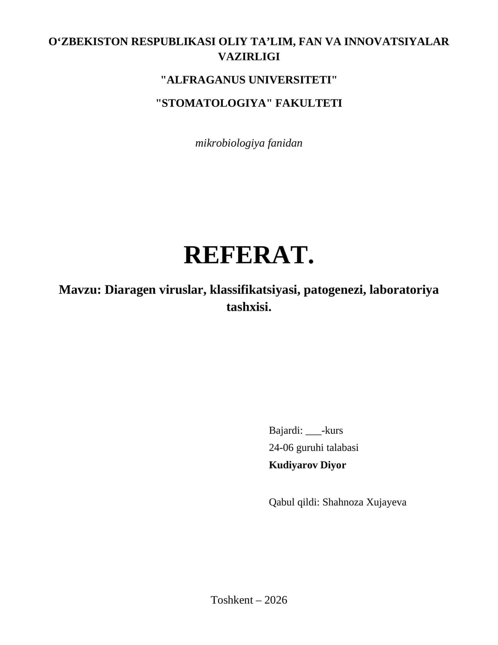 Diaragen viruslar, klassifikatsiyasi, patogenezi, laboratoriya tashxisi. 1