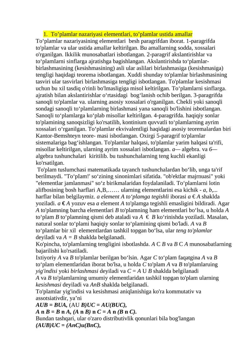 To’plamlar nazariyasi elementlari, to’plamlar ustida amallar 1