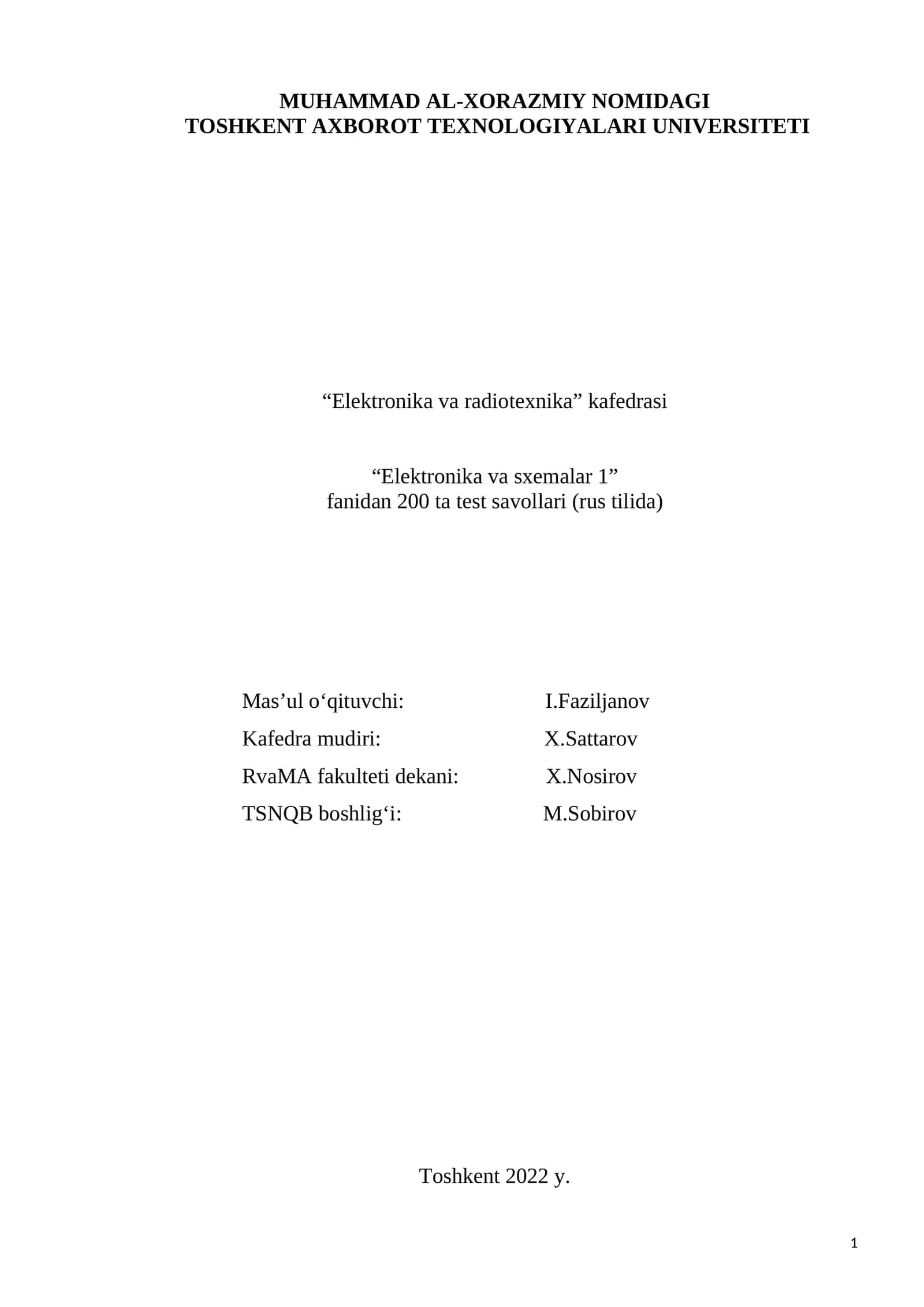 Elektronika va sxemalar 1 - fanidan 200 ta test savollari 1