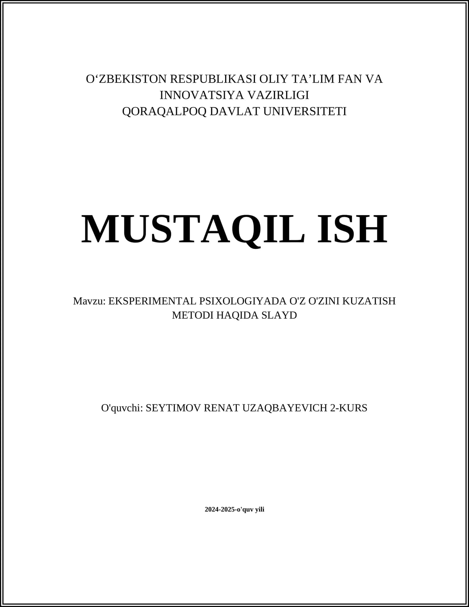 EKSPERIMENTAL PSIXOLOGIYADA O'Z O'ZINI KUZATISH METODI HAQIDA SLAYD 1