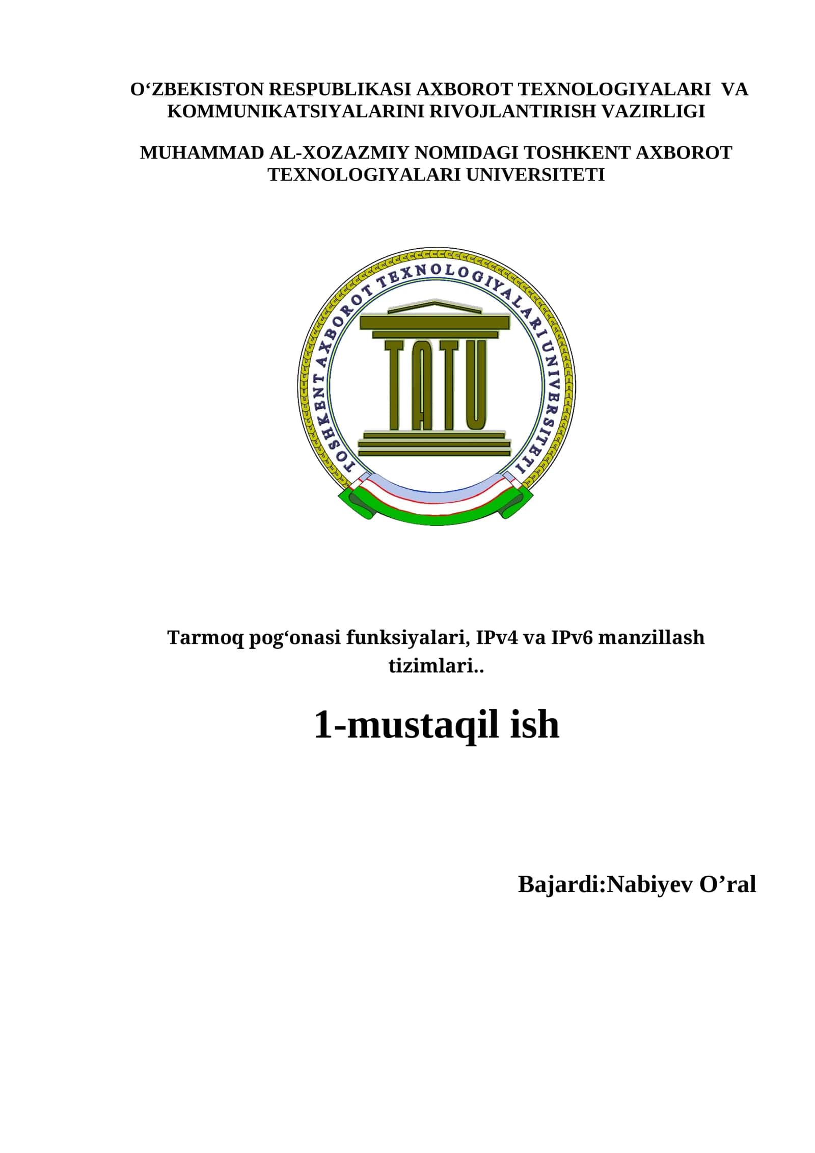 Tarmoq pog‘onasi funksiyalari, IPv4 va IPv6 manzillash tizimlari 1