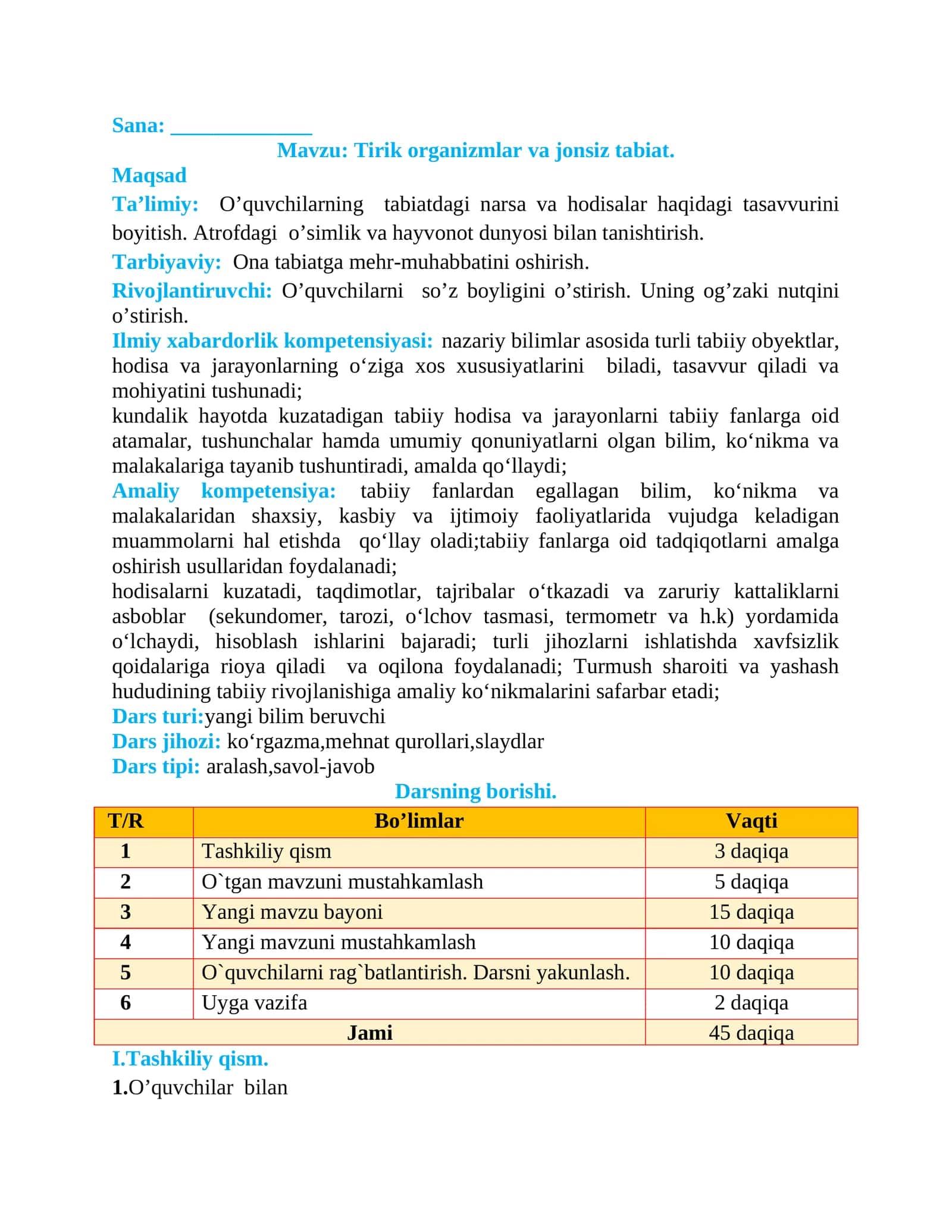 2-sinf Tabiiy Fan (Science) Tirik organizmlar va jonsiz tabiat dars ishlanma 1