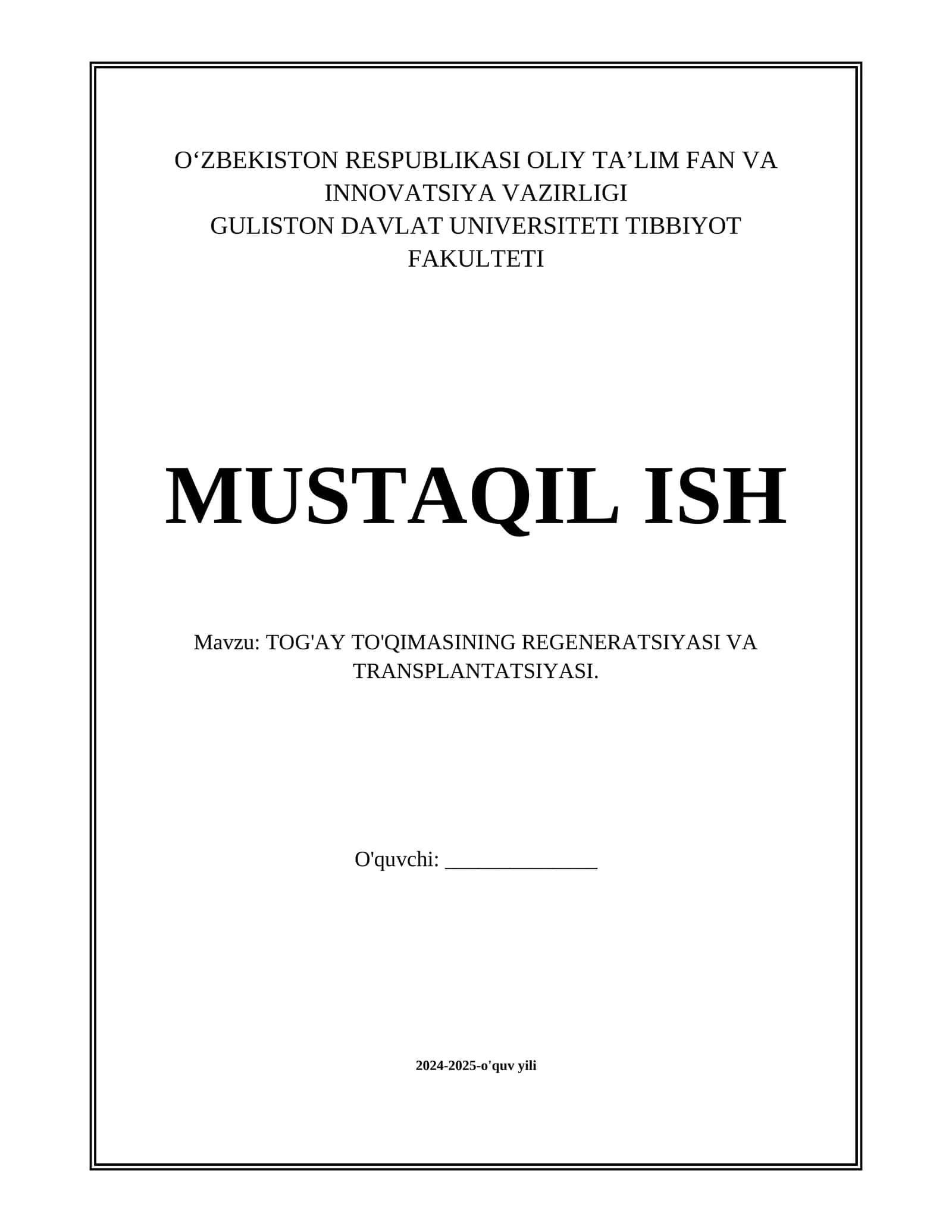 TOG'AY TO'QIMASINING REGENERATSIYASI VA TRANSPLANTATSIYASI. 1
