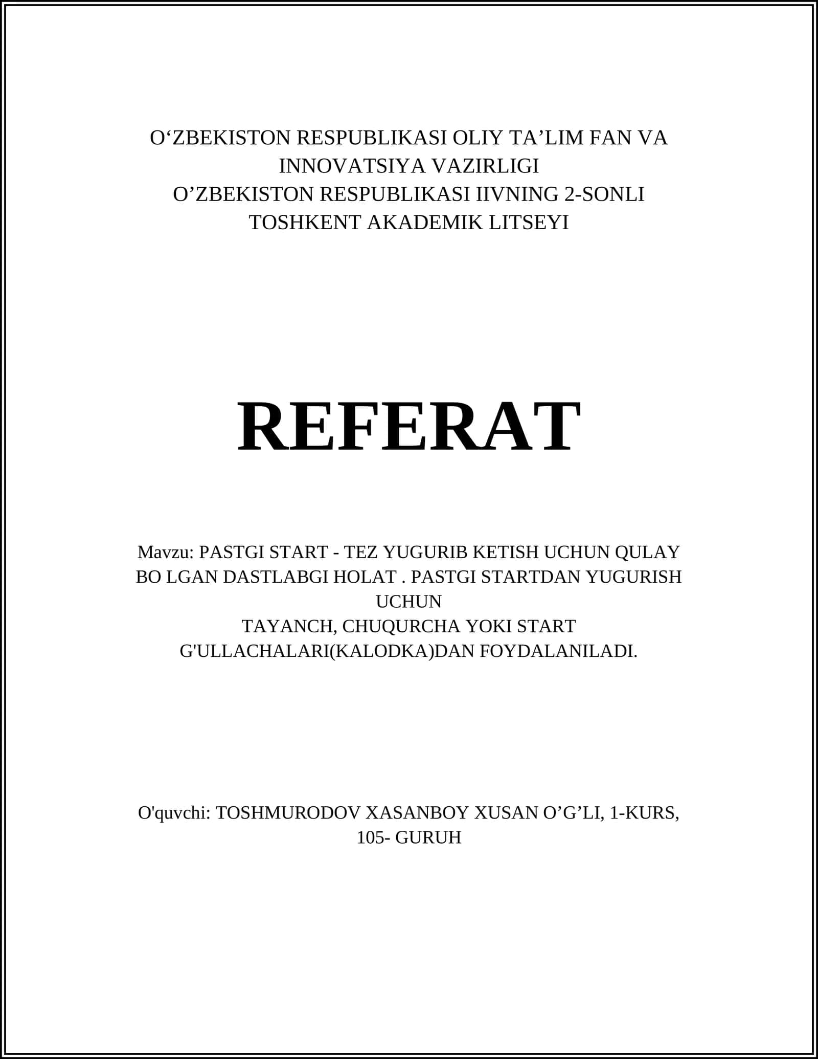 PASTGI START - TEZ YUGURIB KETISH UCHUN QULAY 1