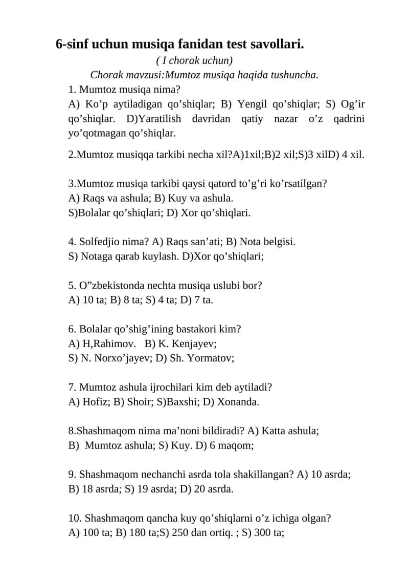 6-sinf uchun musiqa fanidan test savollari 1