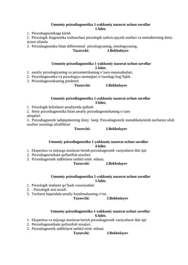 Umumiy psixodiagnostika 1-yakkuniy nazorat uchun savollar
