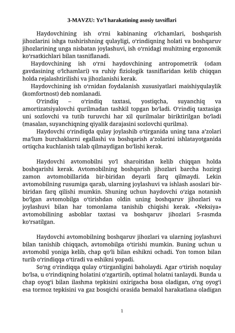 Yo’l harakatining asosiy tavsiflari 1