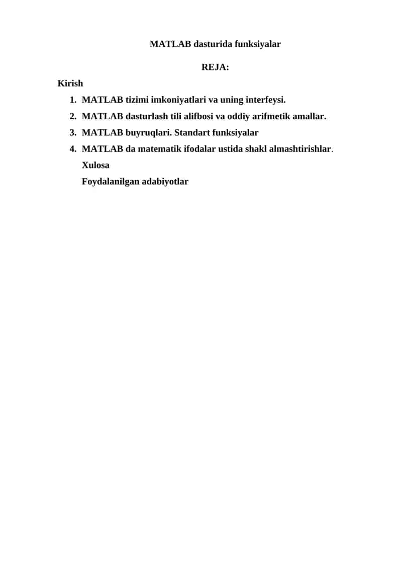 MATLAB dasturida funksiyalar 1