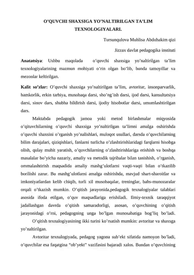 O’QUVCHI SHAXSIGA YO’NALTIRILGAN TA’LIM TEXNOLOGIYALARI